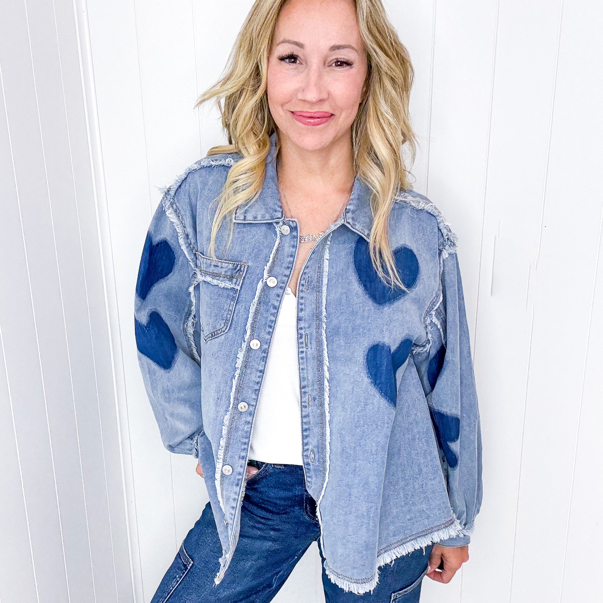 POL Love Knot Oversized Heart Button Up Denim Jacket - Boujee Boutique 