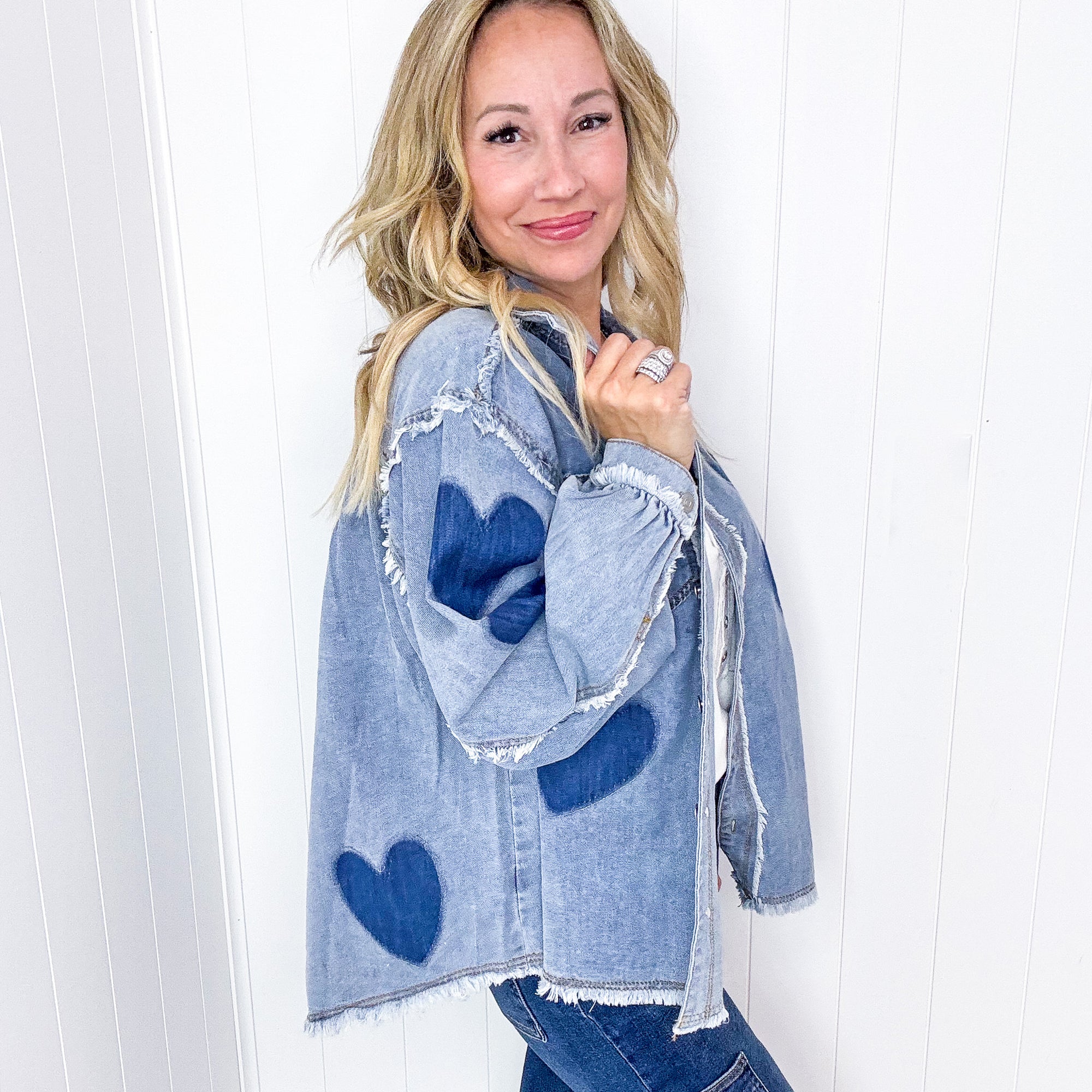 POL Love Knot Oversized Heart Button Up Denim Jacket - Boujee Boutique 