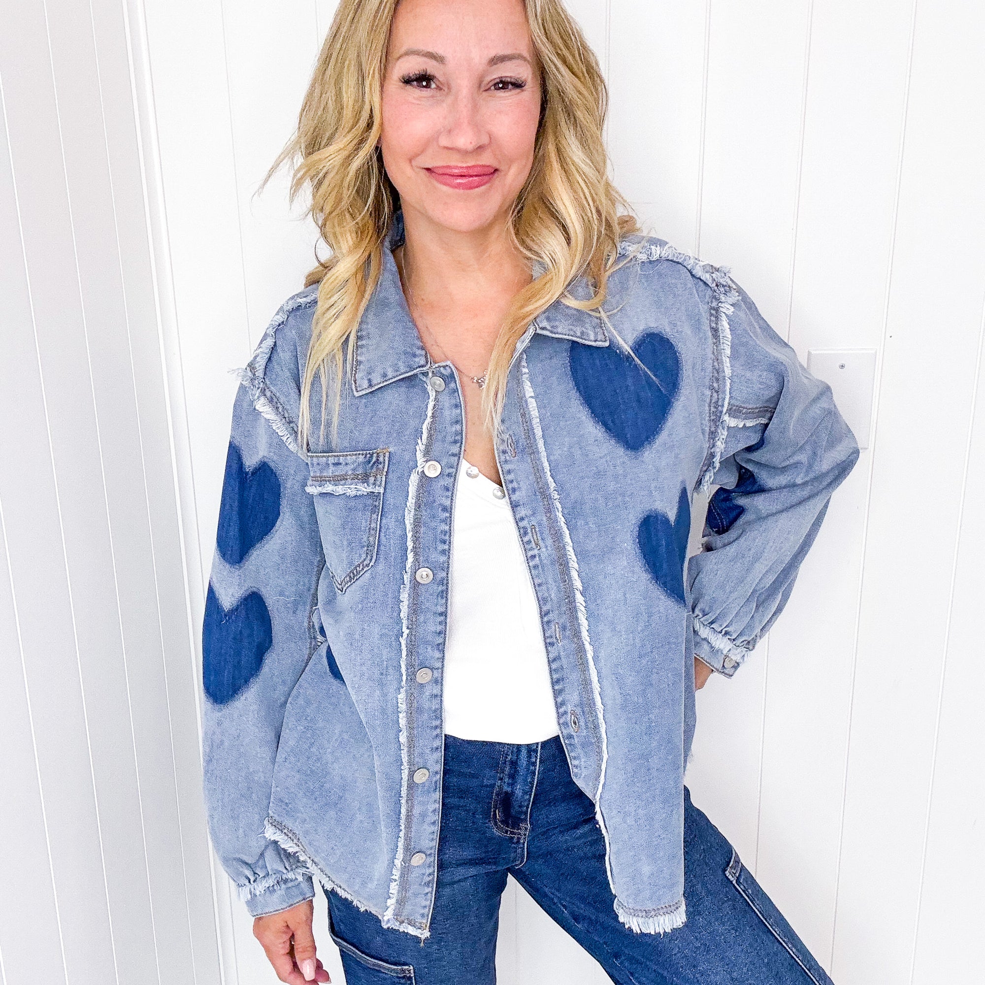 POL Love Knot Oversized Heart Button Up Denim Jacket - Boujee Boutique 