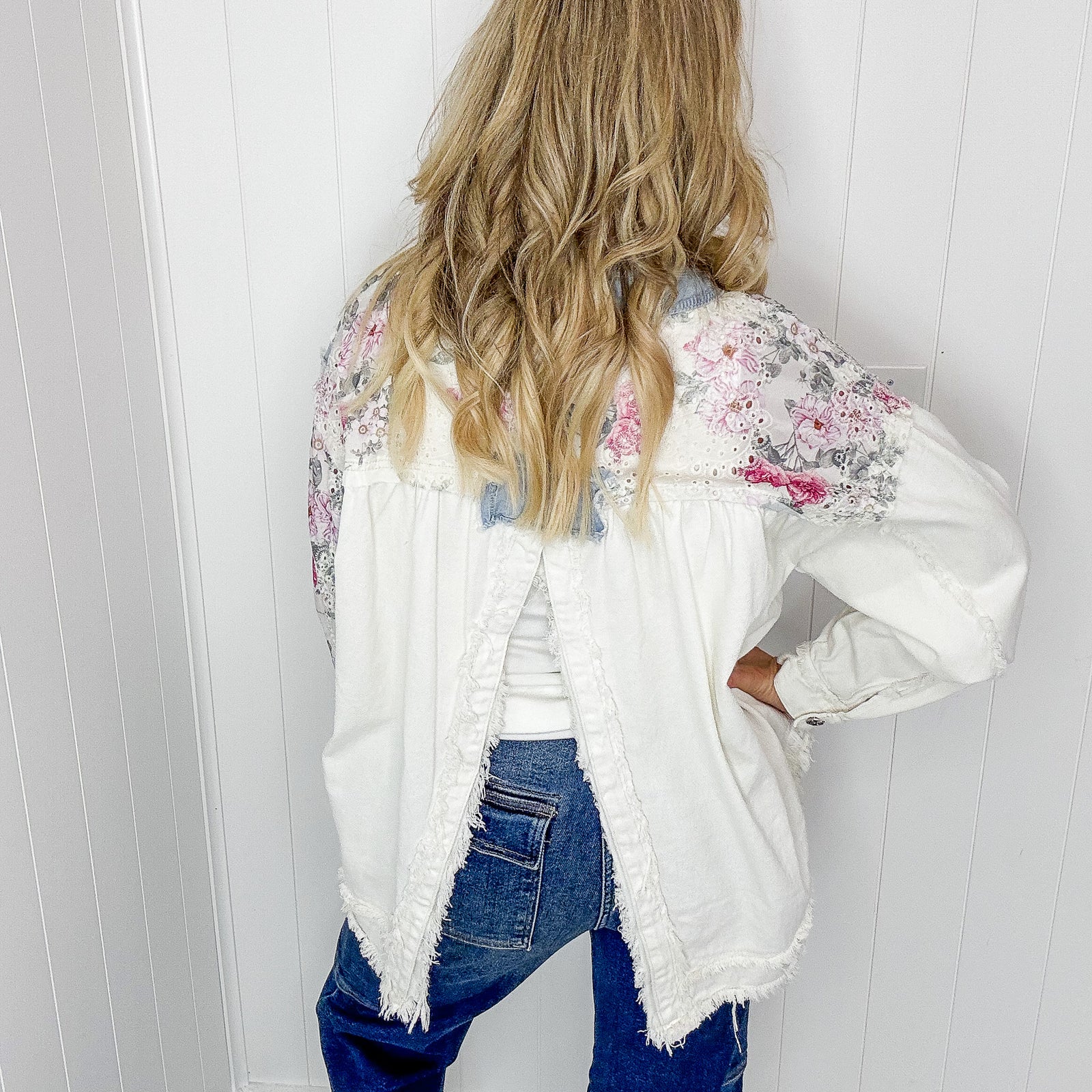 POL Wildflower Bloom Open Back Embroidered Eyelet Denim Jacket