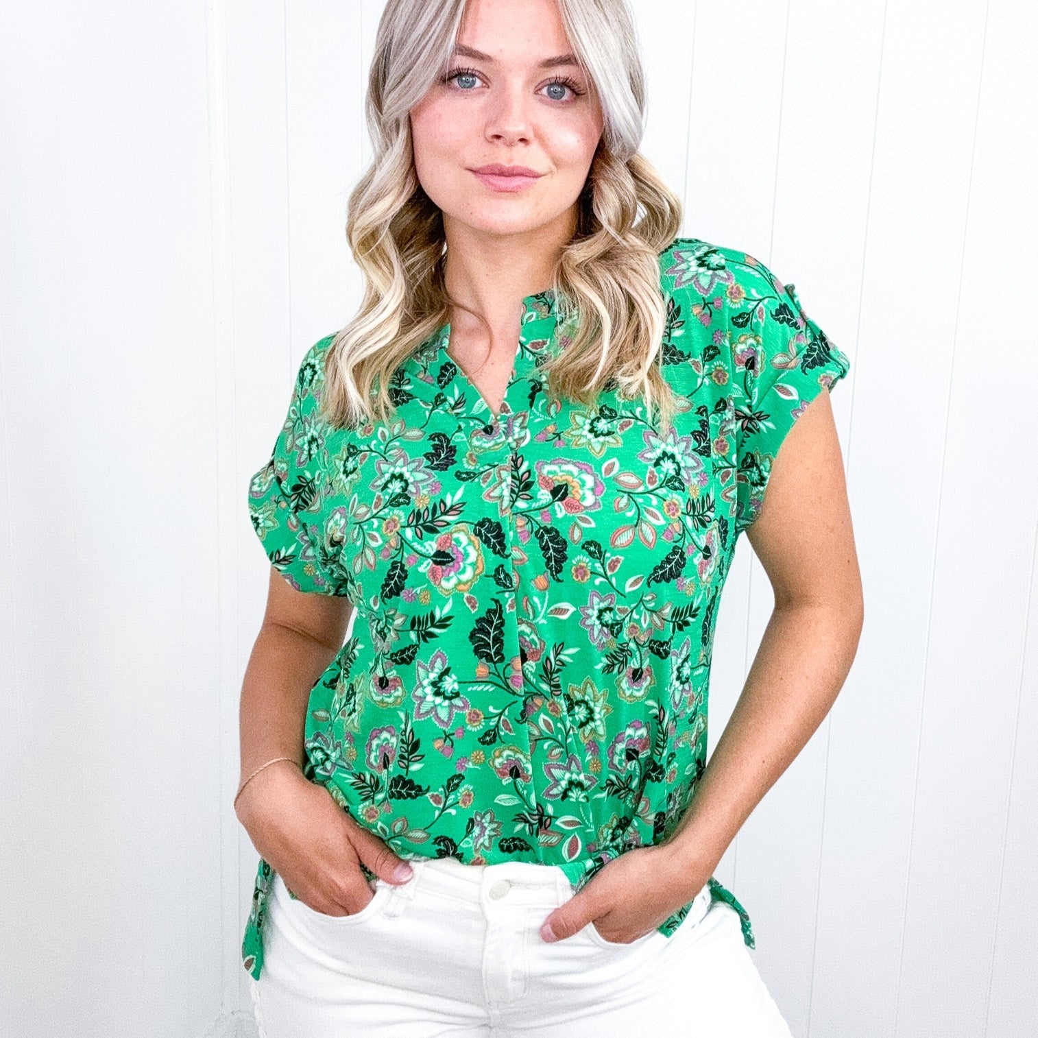 Dear Scarlett Lizzy Cap Sleeve Top in Green and Black Floral - Boujee Boutique 