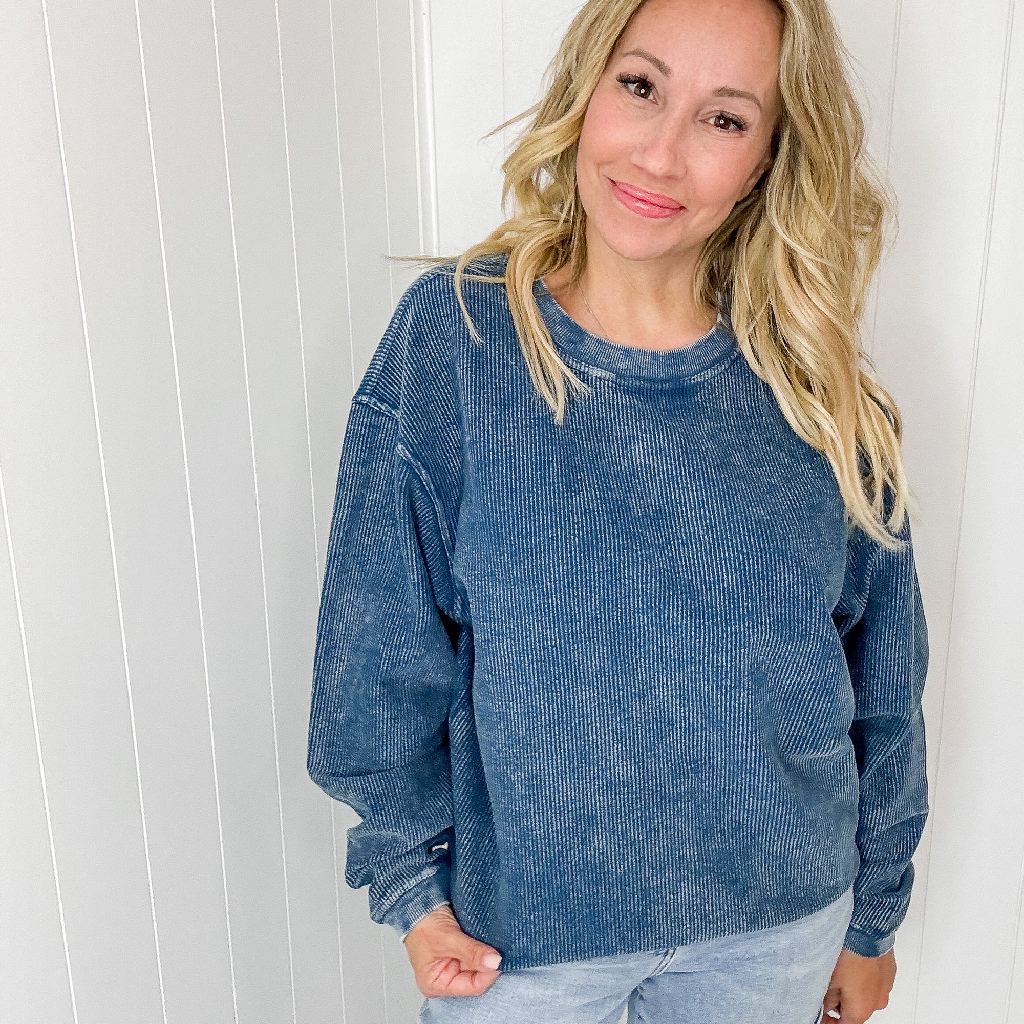 Navy Snow Washed Oversized Luxe Soft Corded Crewneck Pullover - Boujee Boutique 