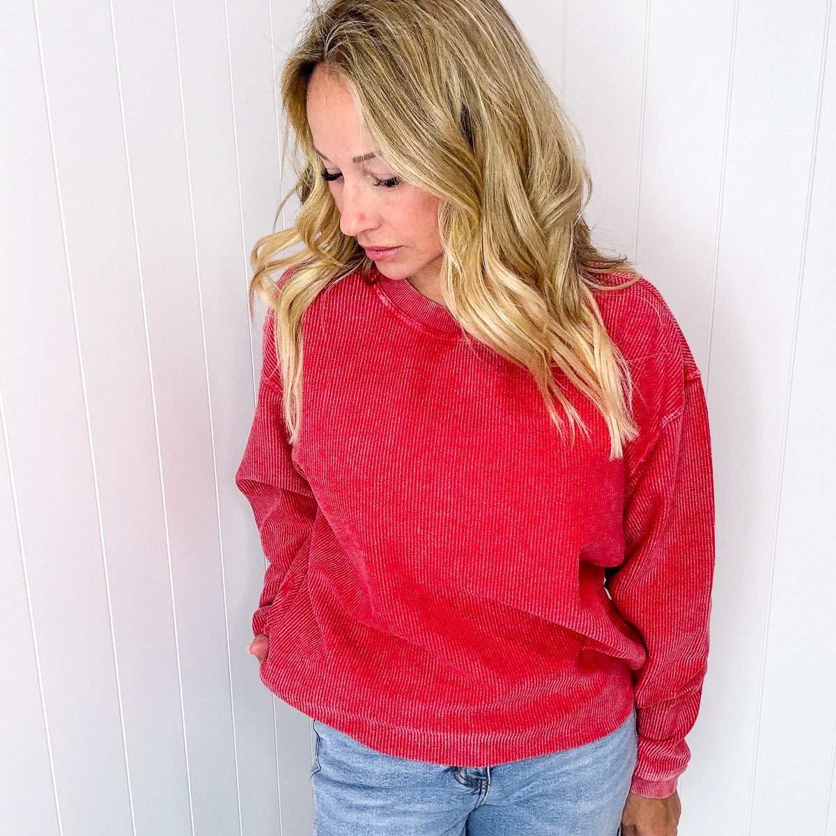 Red Snow Washed Oversized Luxe Soft Corded Crewneck Pullover - Boujee Boutique 