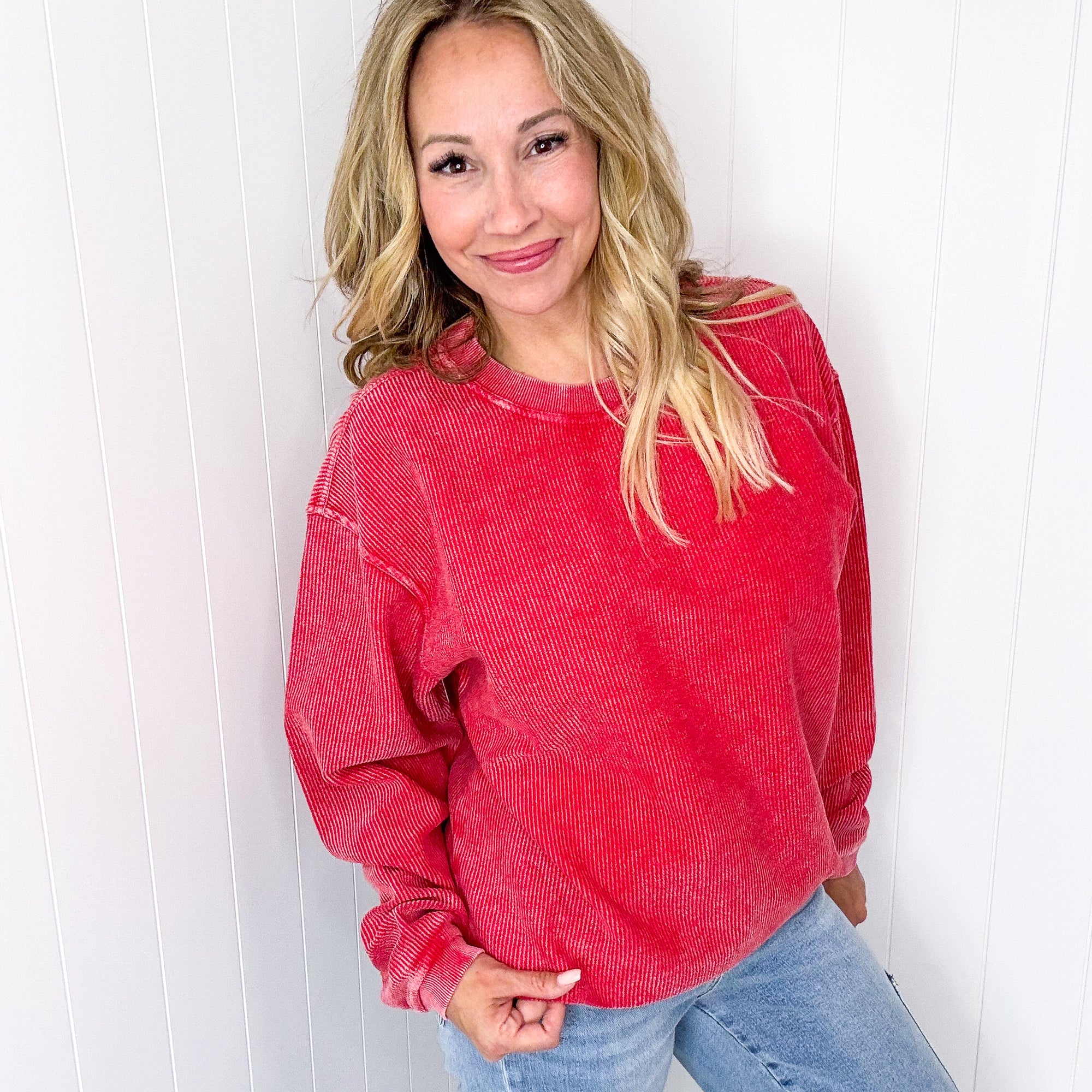 Red Snow Washed Oversized Luxe Soft Corded Crewneck Pullover - Boujee Boutique 