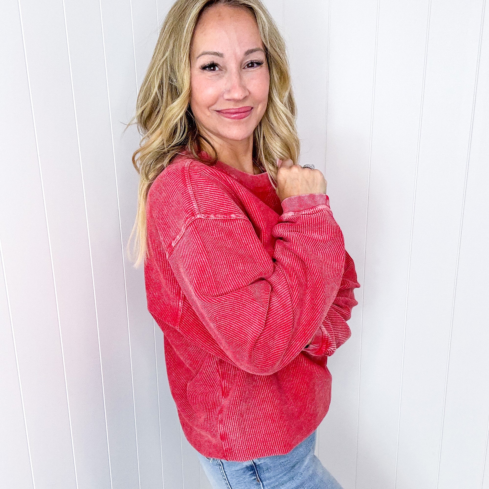 Red Snow Washed Oversized Luxe Soft Corded Crewneck Pullover - Boujee Boutique 