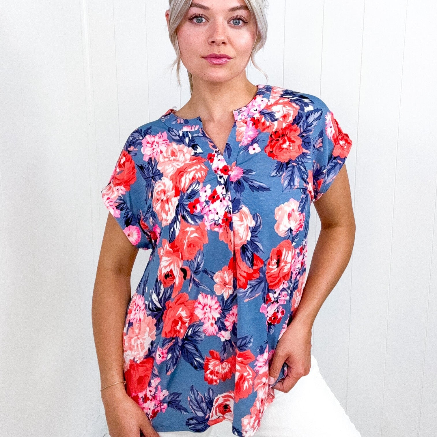 Dear Scarlett Lizzy Cap Sleeve Top in Dusty Blue and Coral Roses - Boujee Boutique 