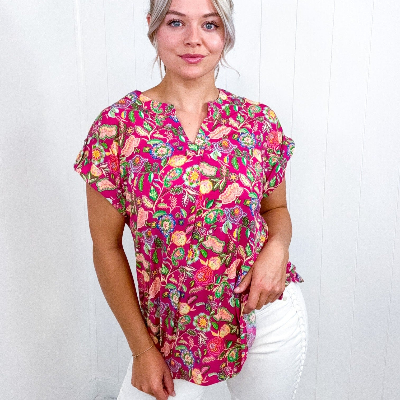 Dear Scarlett Lizzy Cap Sleeve Top in Fuchsia and Green Floral Paisley - Boujee Boutique 