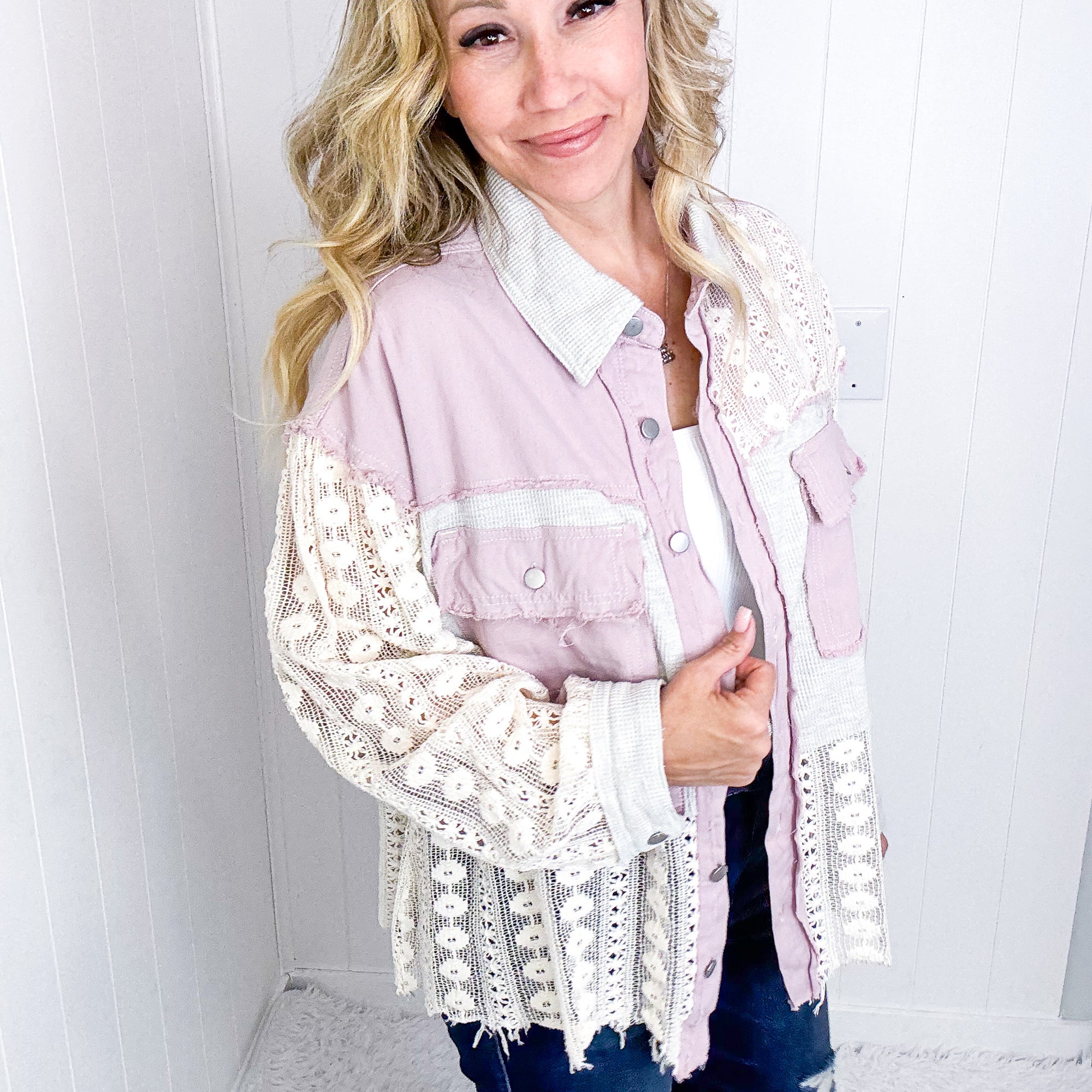 Pol Fancy Grey and Lilac Lace and Crochet Button Up Jacket - Boujee Boutique 