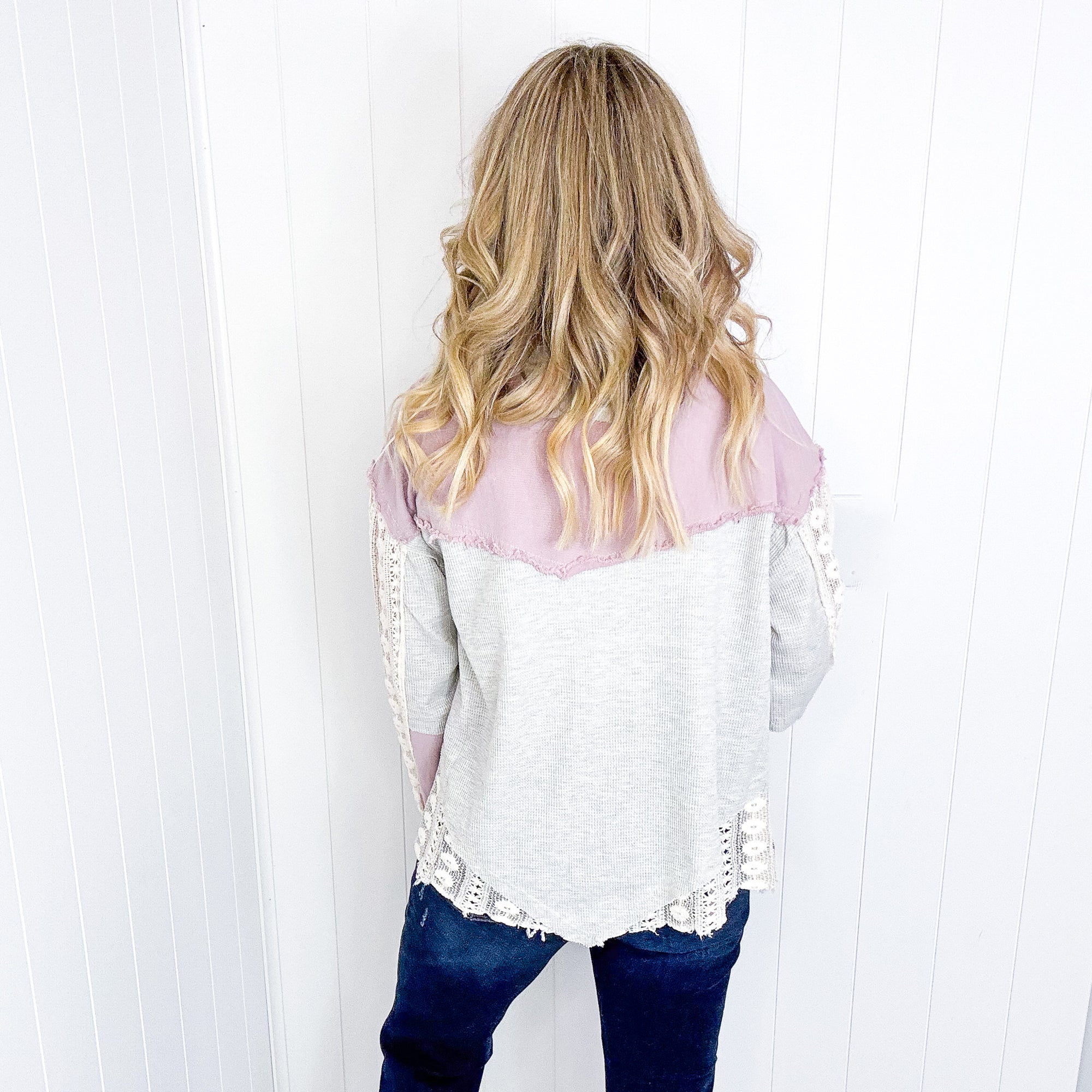 Pol Fancy Grey and Lilac Lace and Crochet Button Up Jacket - Boujee Boutique 