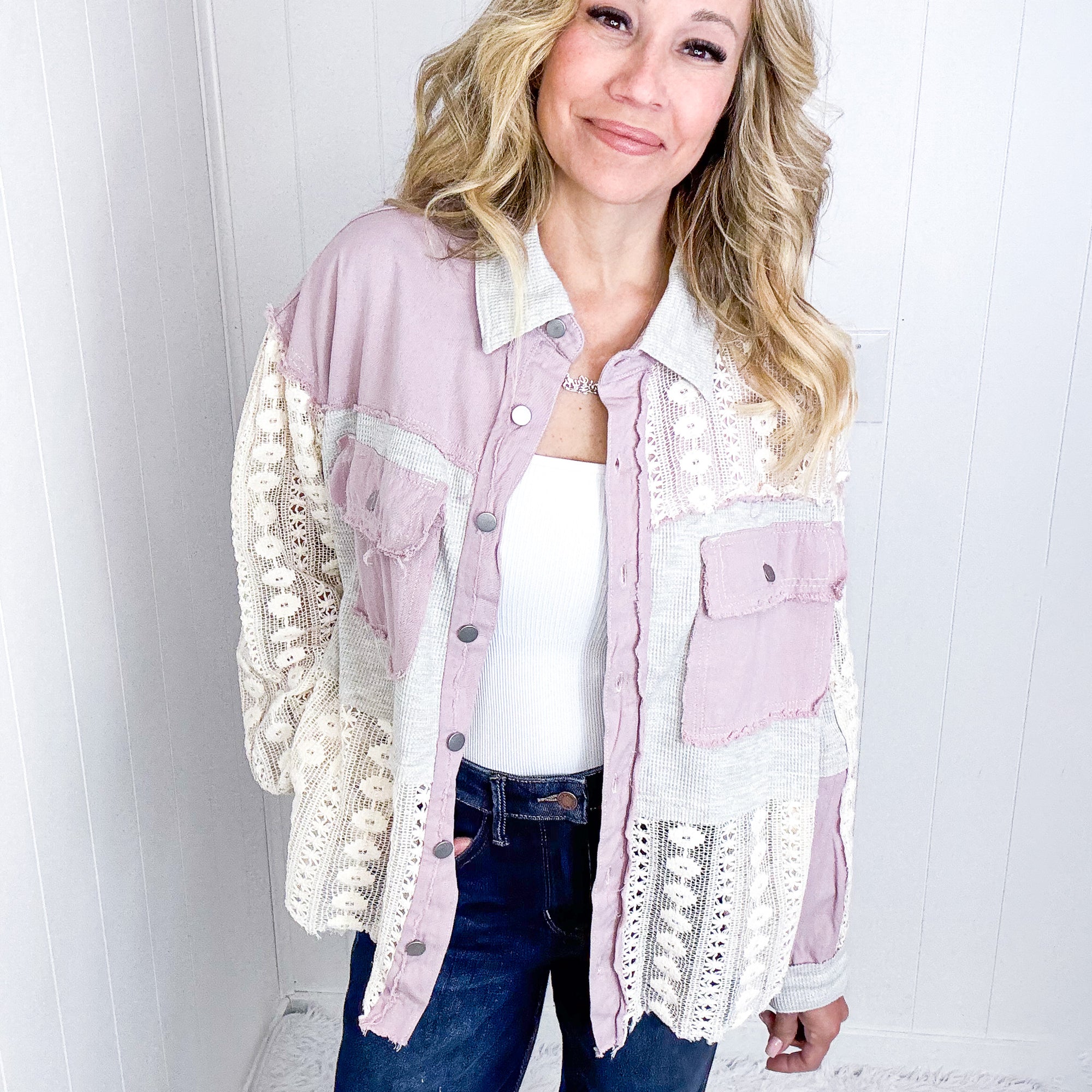 Pol Fancy Grey and Lilac Lace and Crochet Button Up Jacket - Boujee Boutique 