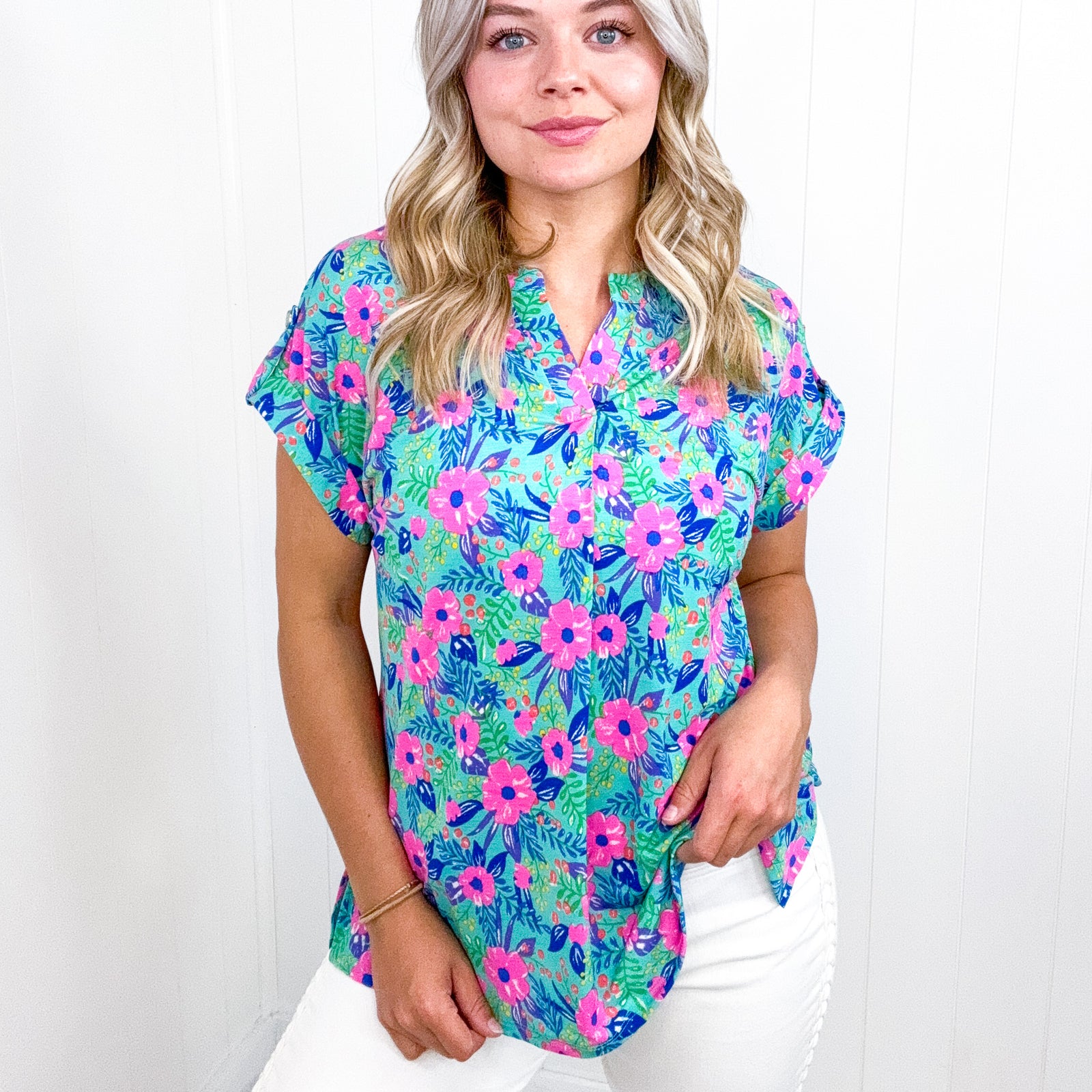 Dear Scarlett Lizzy Cap Sleeve Top in Mint and Lavender Floral - Boujee Boutique 