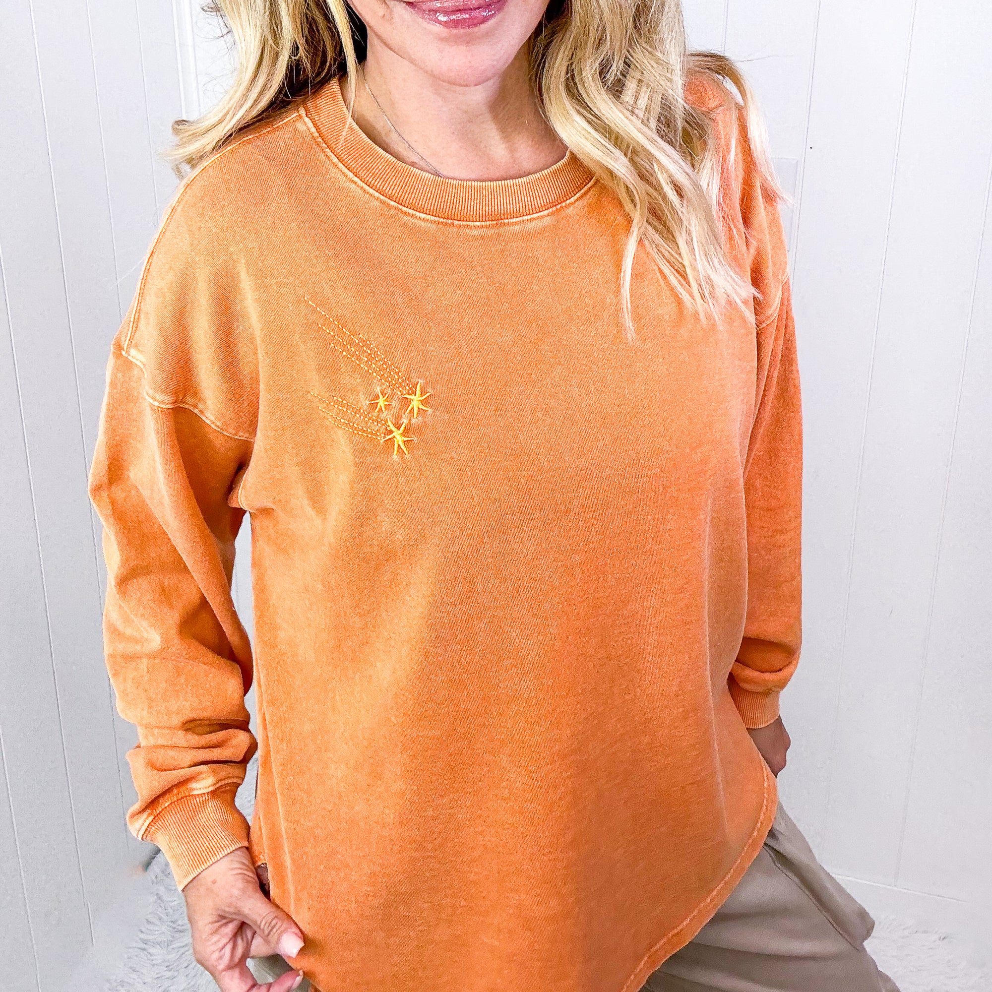 Shooting Star Embroidered Mineral Washed Terry Knit Pullover in 3 Colors - Boujee Boutique 