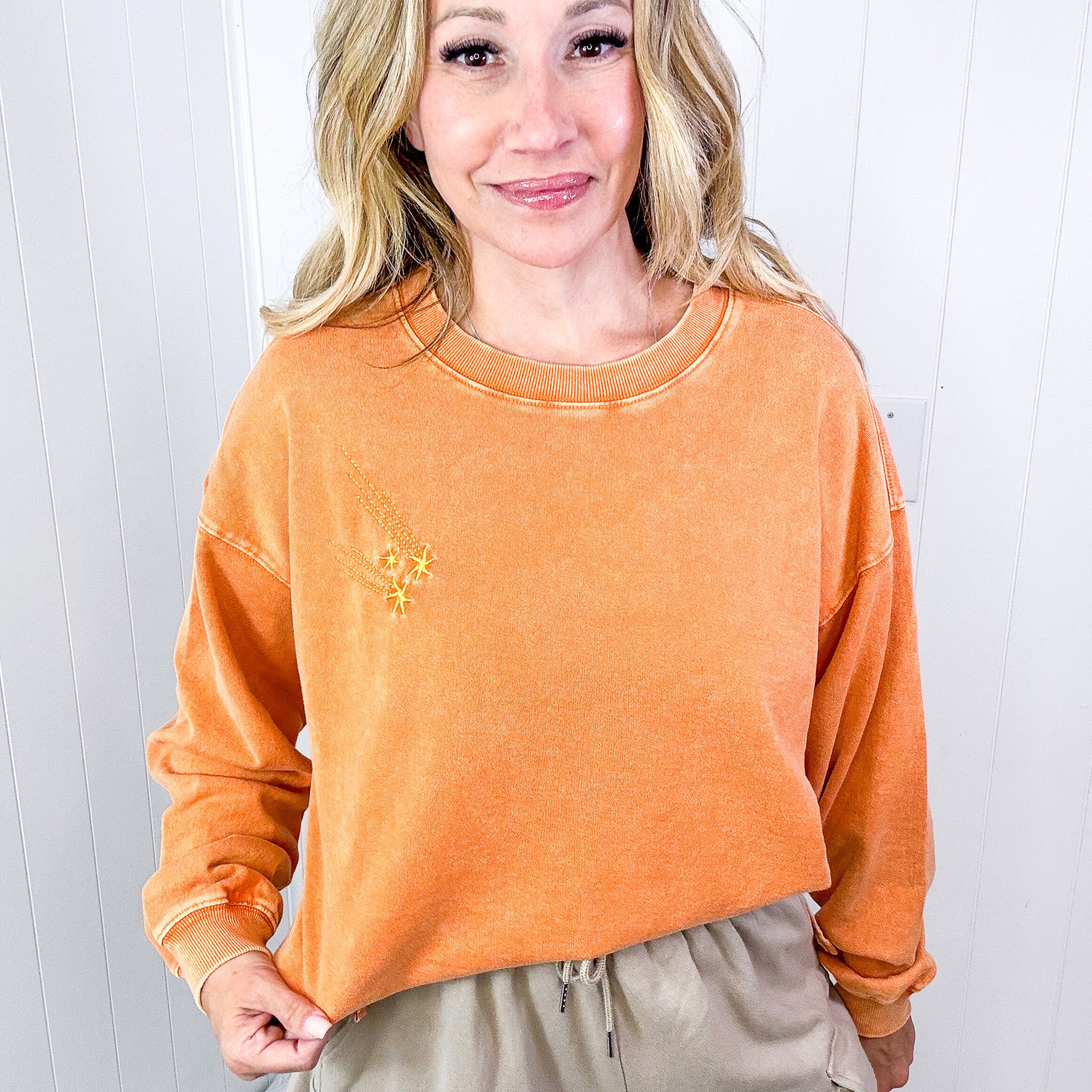 Shooting Star Embroidered Mineral Washed Terry Knit Pullover in 3 Colors - Boujee Boutique 