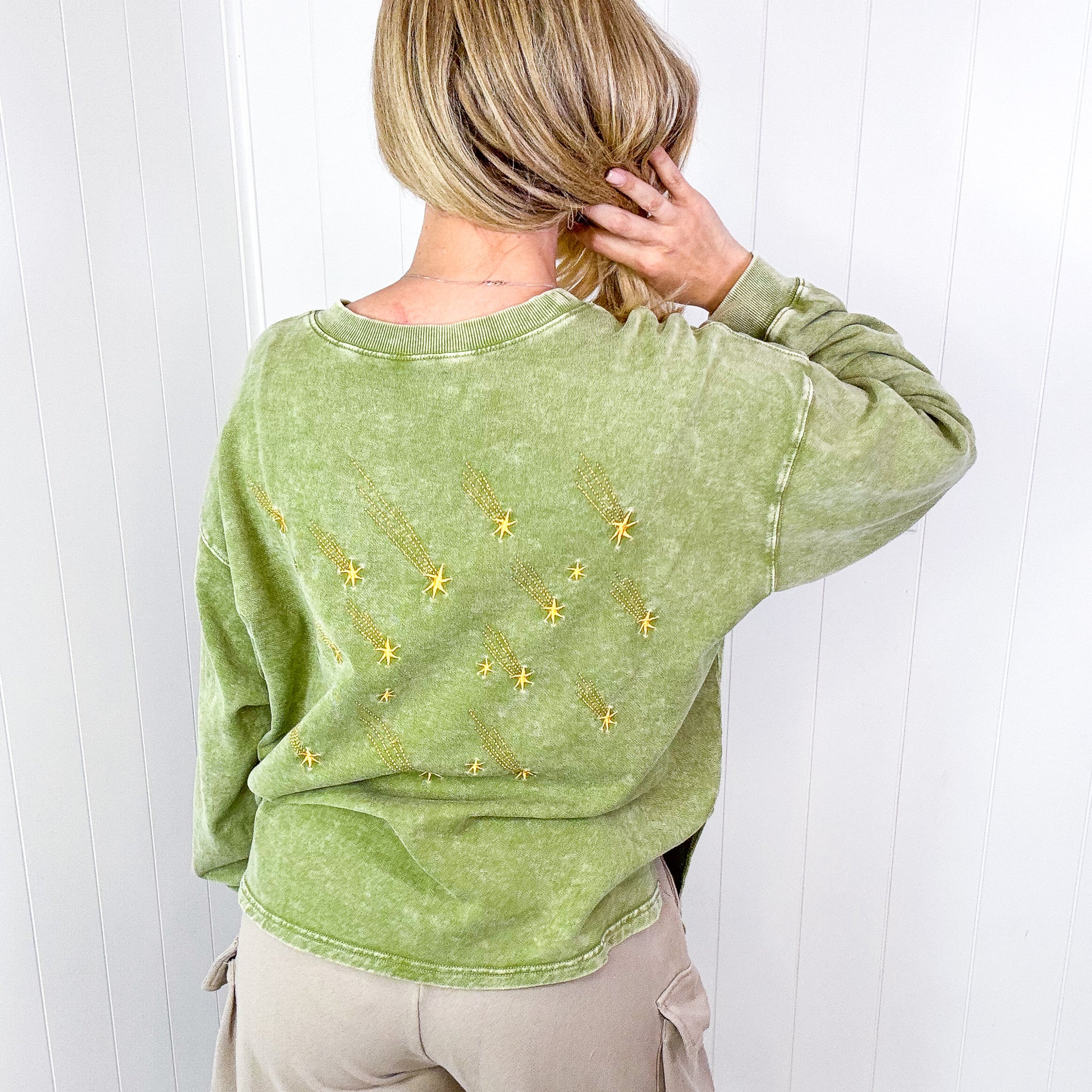 Shooting Star Embroidered Mineral Washed Terry Knit Pullover in 3 Colors - Boujee Boutique 