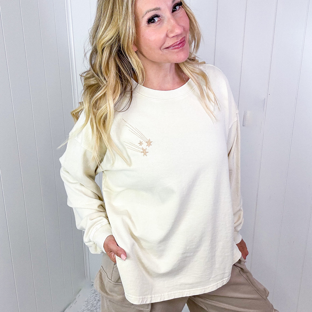 Shooting Star Embroidered Mineral Washed Terry Knit Pullover in 3 Colors - Boujee Boutique 