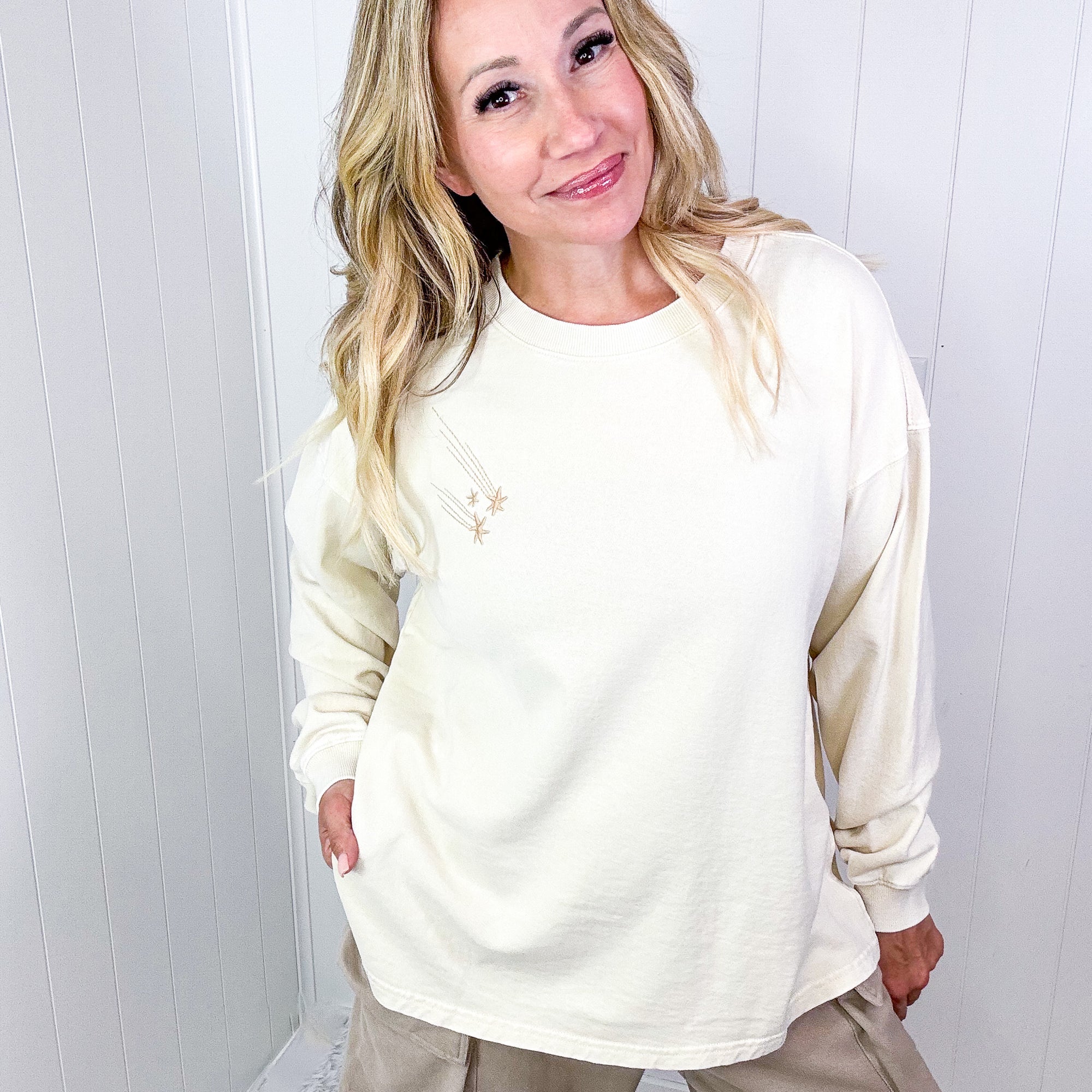 Shooting Star Embroidered Mineral Washed Terry Knit Pullover in 3 Colors - Boujee Boutique 