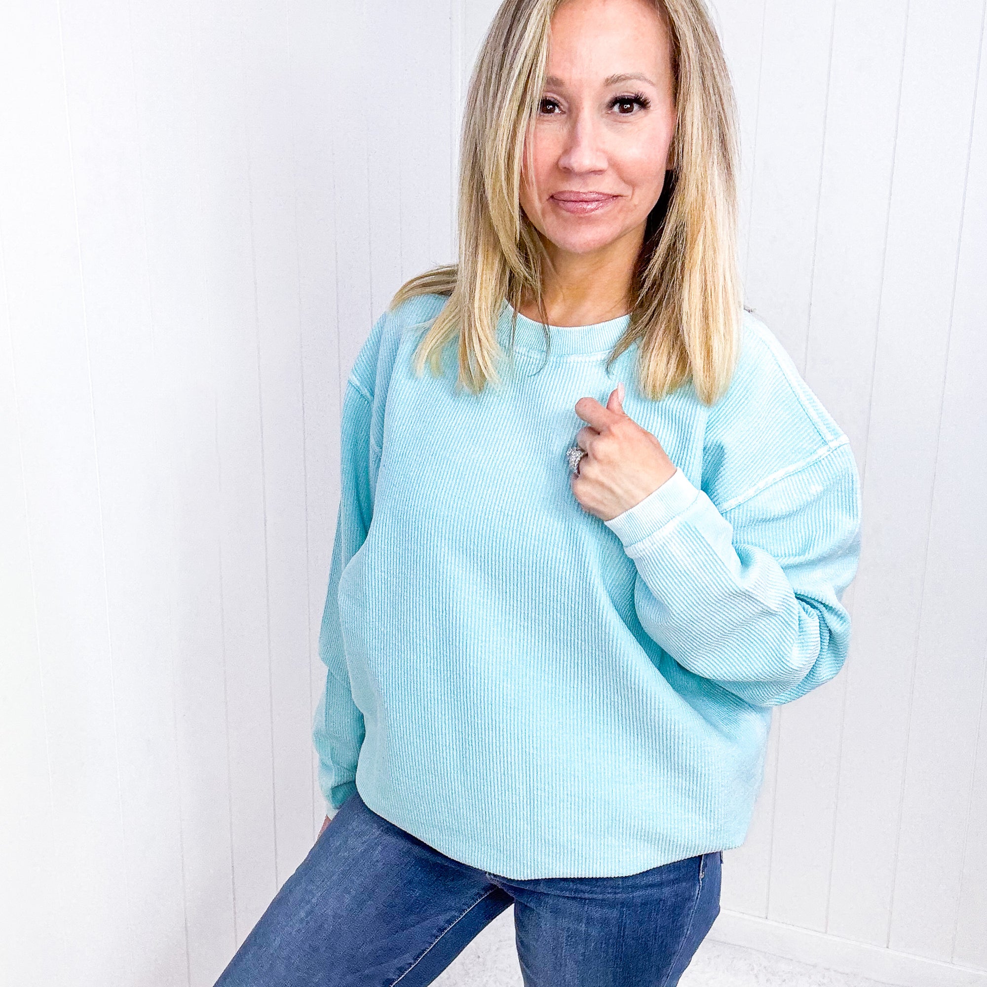 Snow Washed Aqua Oversized Luxe Soft Corded Crewneck Pullover Top - Boujee Boutique 