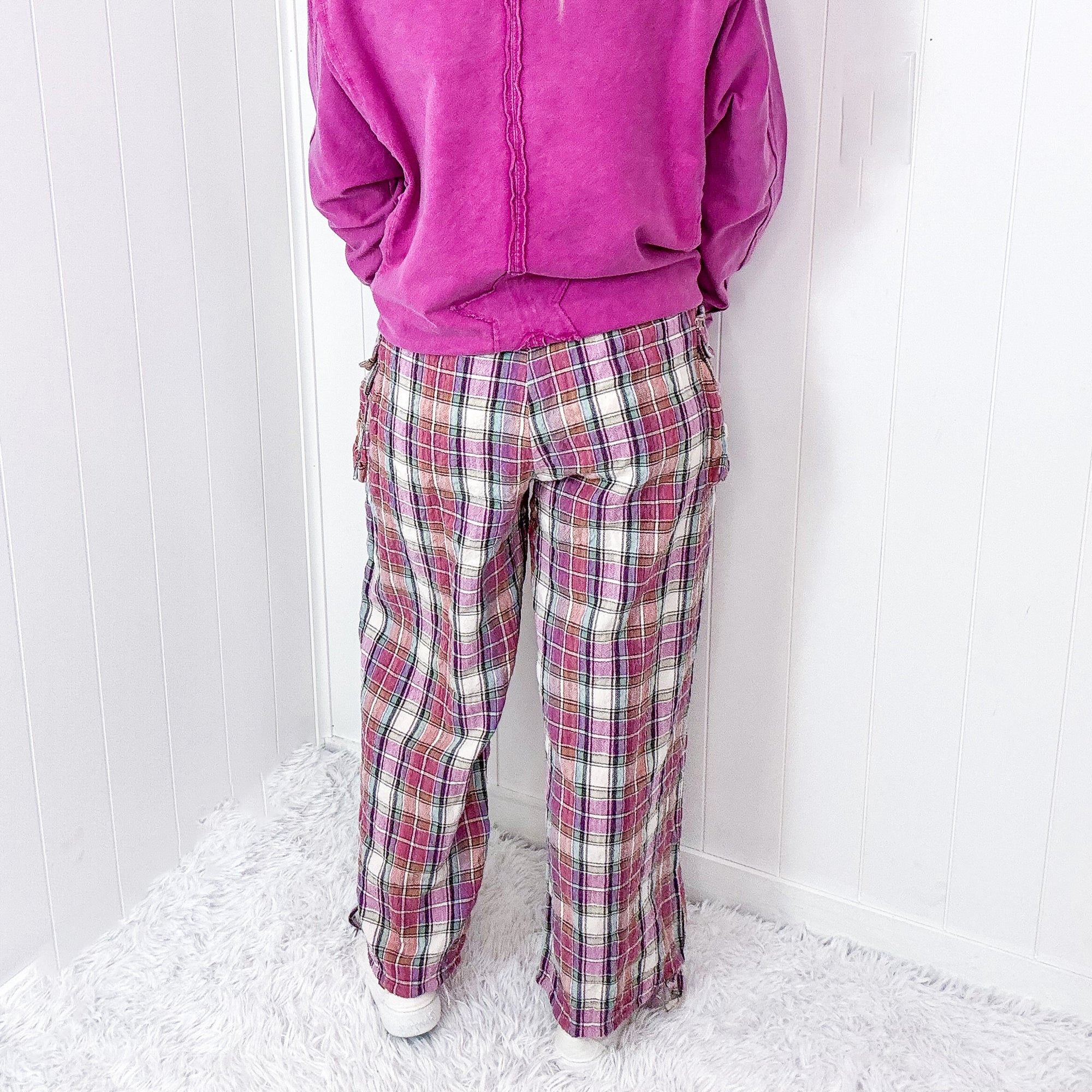 Easel Plaiditude Pink Graped Plaid Pre Washed Cargo Jogger Pants - Boujee Boutique 