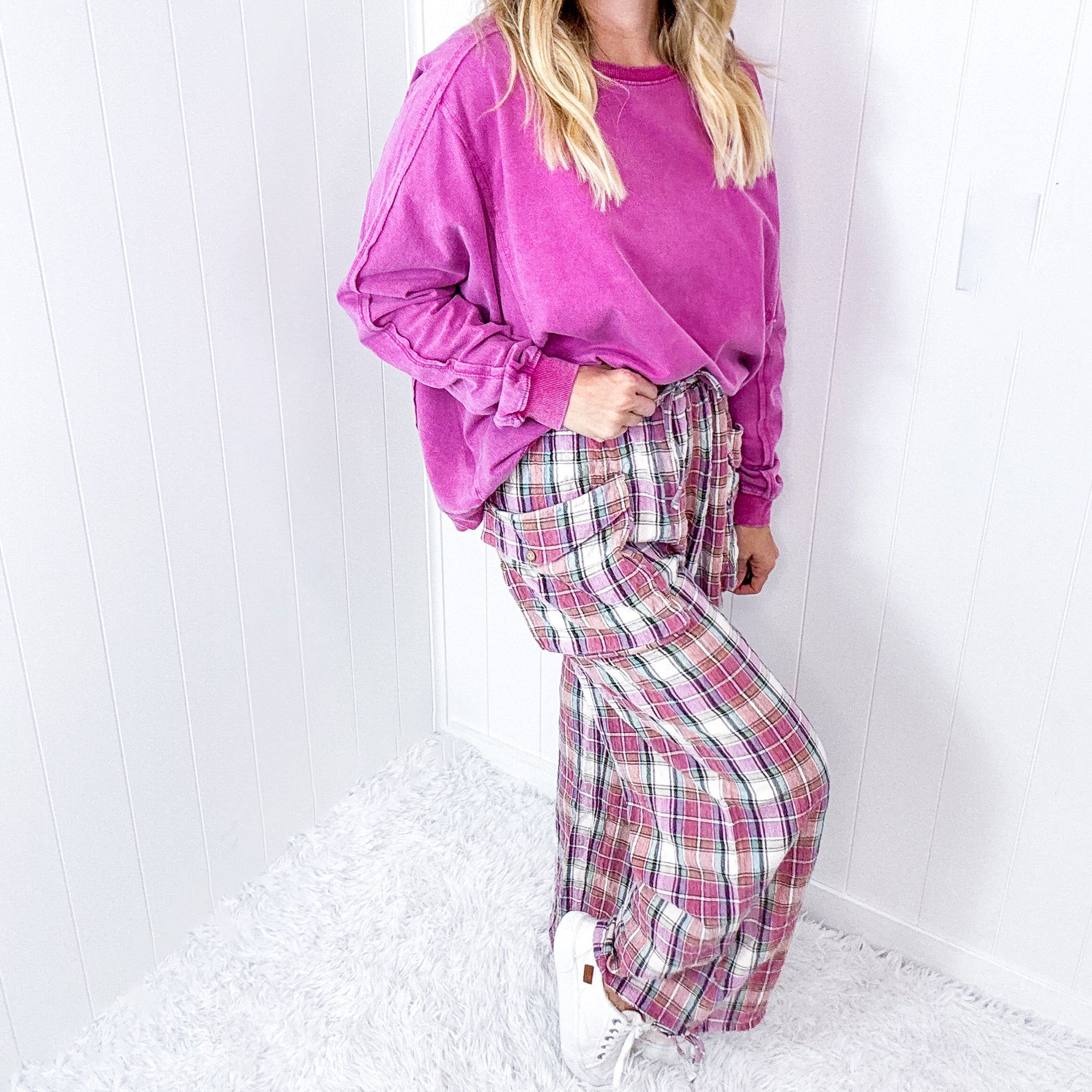 Easel Plaiditude Pink Graped Plaid Pre Washed Cargo Jogger Pants - Boujee Boutique 