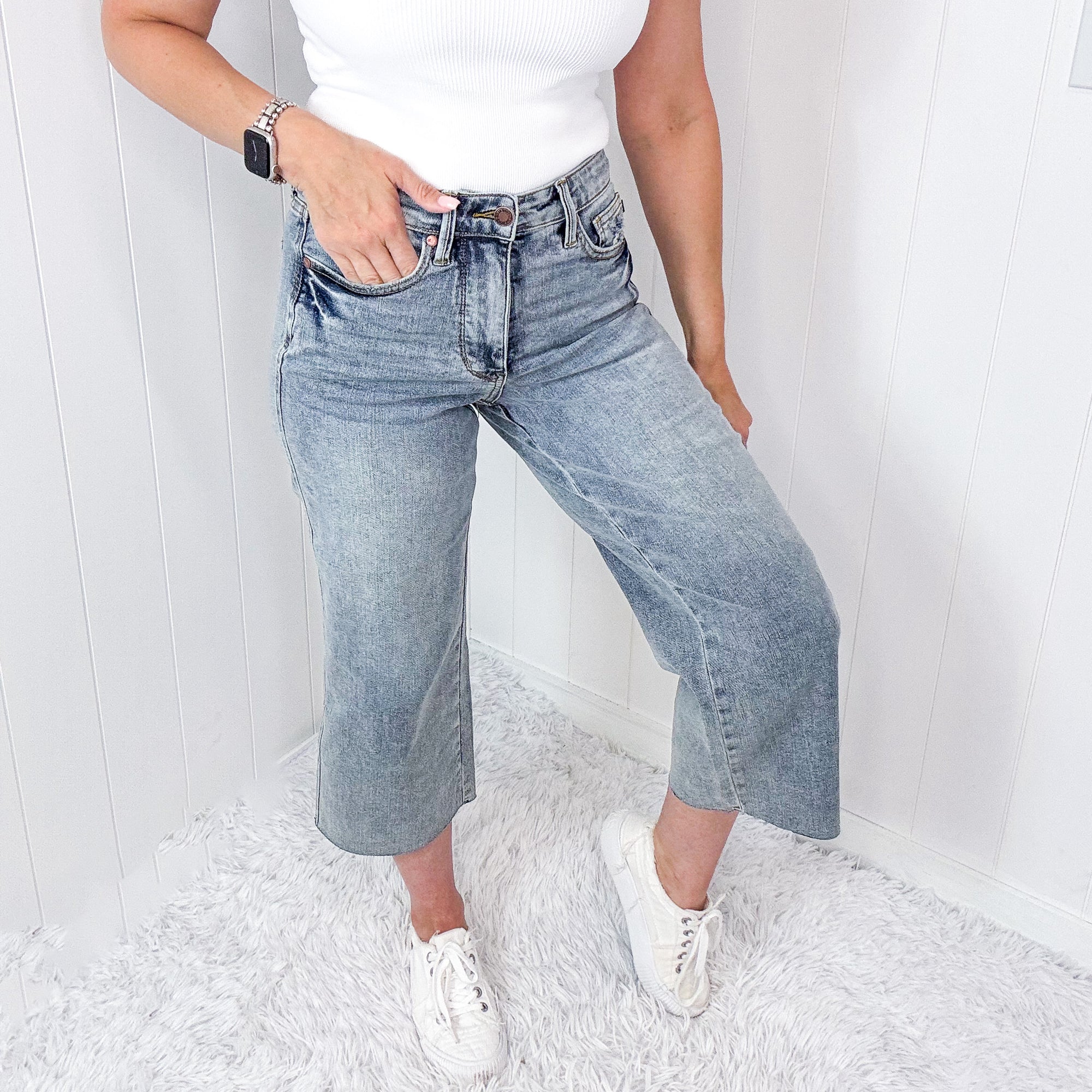 Judy Blue City Stroll Tummy Control Raw Hem Vintage Wash Wide Leg Jeans - Boujee Boutique 