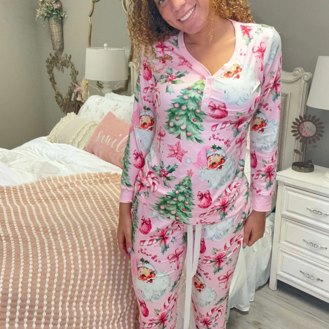 Pre-Order Christmas Pink Jolly Santa Long Sleeve Jogger Pajama Set - Boujee Boutique 