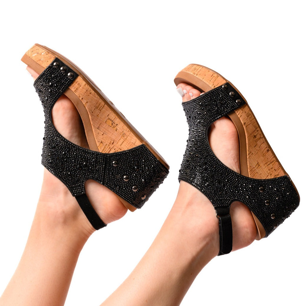 Corkys Ashley Wedge Sandals in Black Rhinestone - Boujee Boutique 