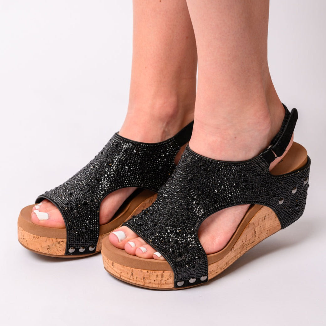 Corkys Ashley Wedge Sandals in Black Rhinestone - Boujee Boutique 