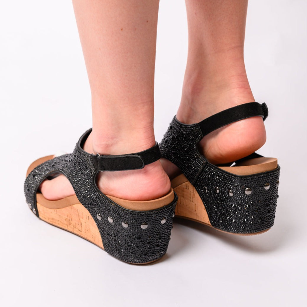 Corkys Ashley Wedge Sandals in Black Rhinestone - Boujee Boutique 